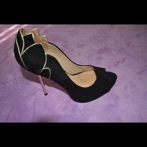 Black and Gold Suede Peep Toe Heels